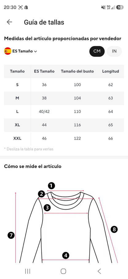 Guía de tallas de la blusa Rosario con medidas de busto y longitud