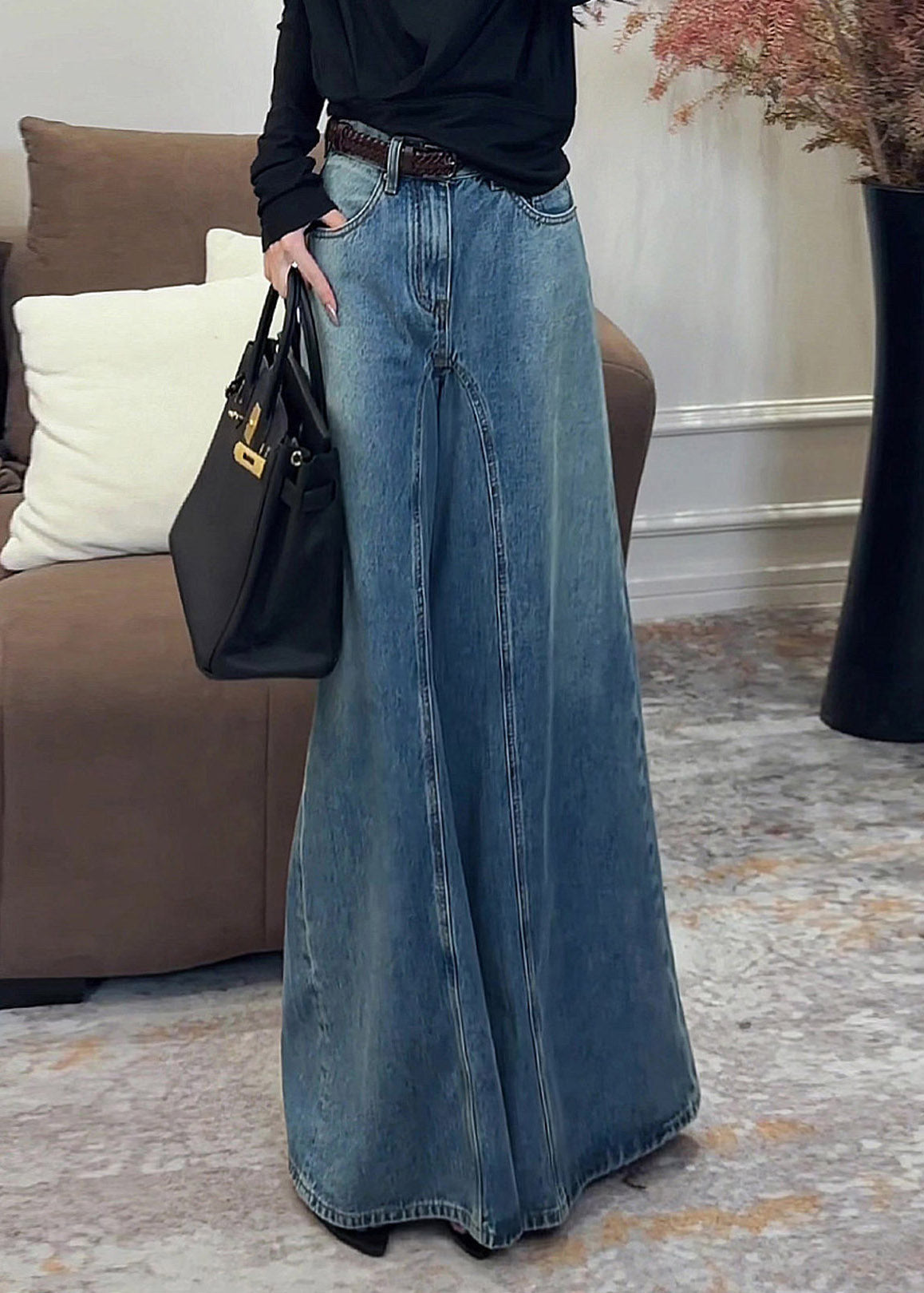 Inés - Vaqueros Anchos Azul Oscuro Vintage de Talle Alto con Drapeado