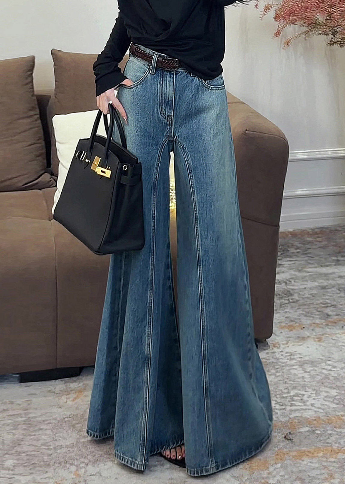 Inés - Vaqueros Anchos Azul Oscuro Vintage de Talle Alto con Drapeado