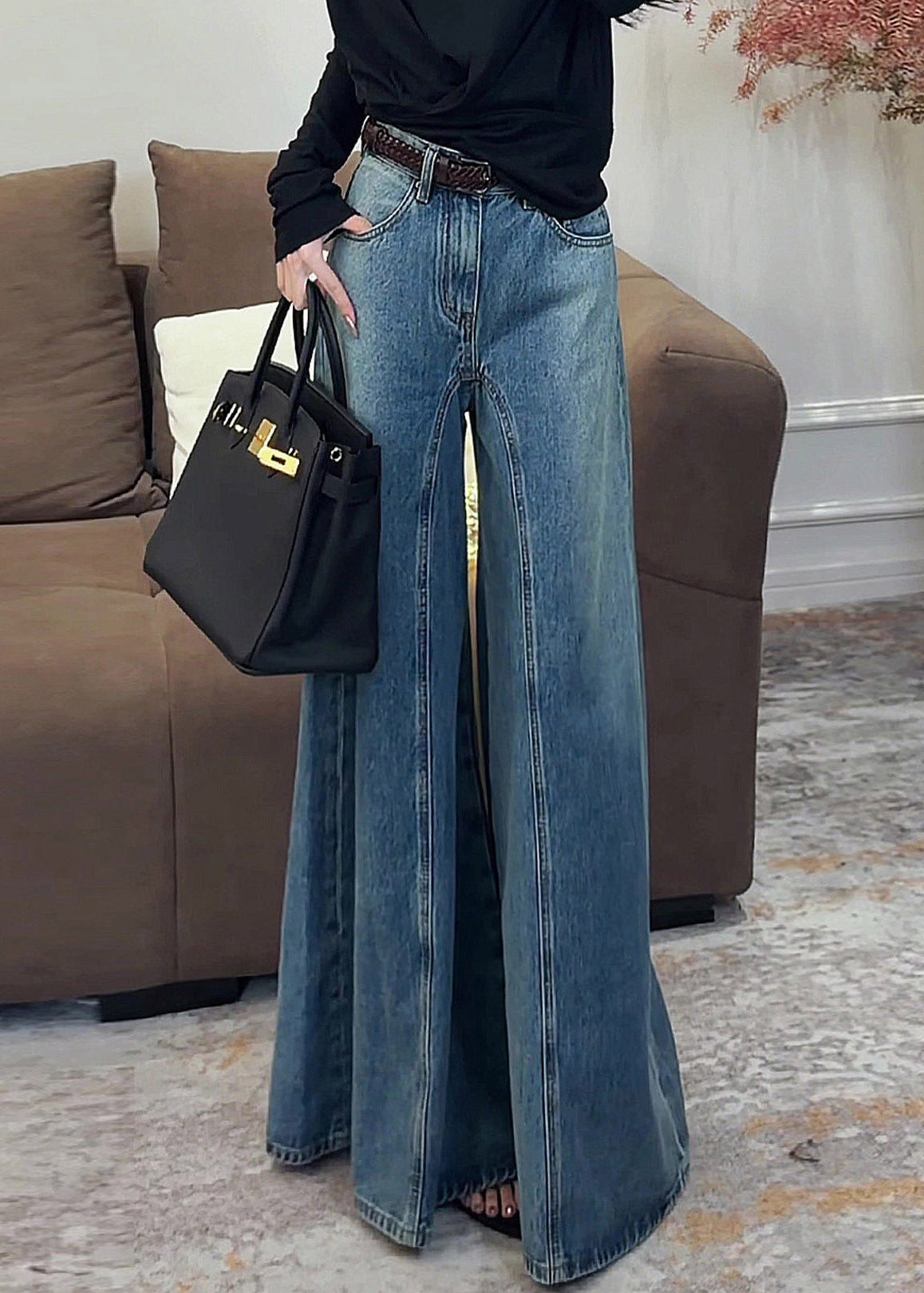 Inés - Vaqueros Anchos Azul Oscuro Vintage de Talle Alto con Drapeado