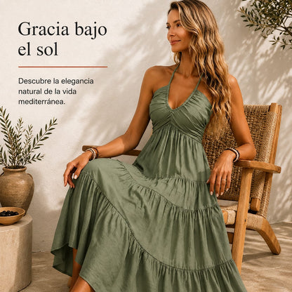 Lola -  Vestido largo con volantes, espalda descubierta y cuello halter