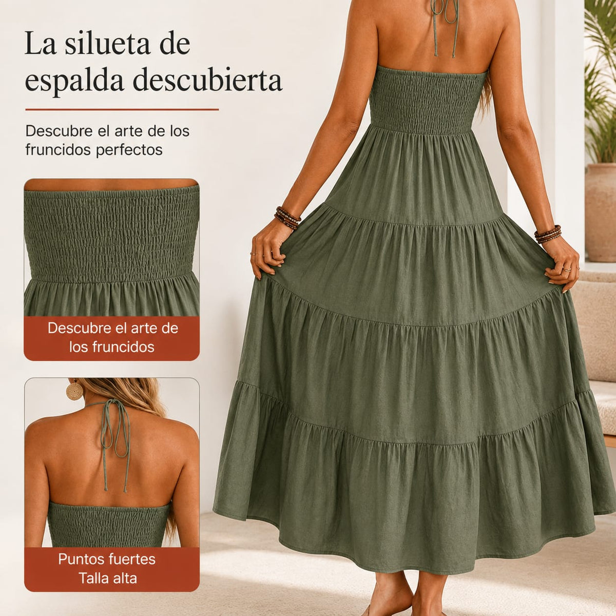 Lola -  Vestido largo con volantes, espalda descubierta y cuello halter