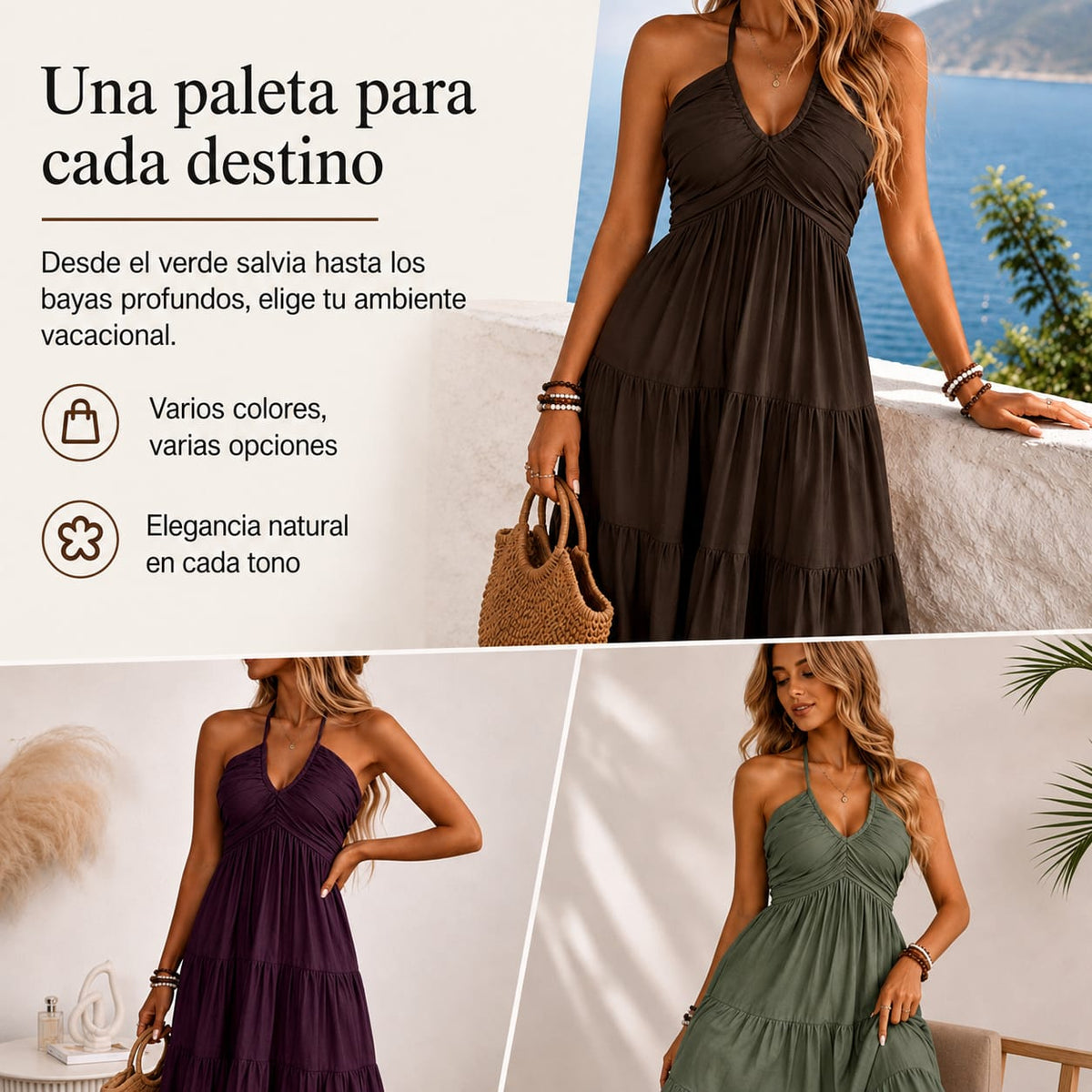 Lola -  Vestido largo con volantes, espalda descubierta y cuello halter