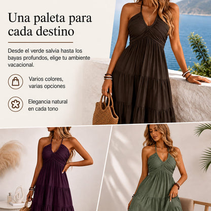 Lola -  Vestido largo con volantes, espalda descubierta y cuello halter