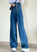 Elena - Vaqueros Rectos Azules de Talle Alto con Bolsillos (Detalle Patchwork)
