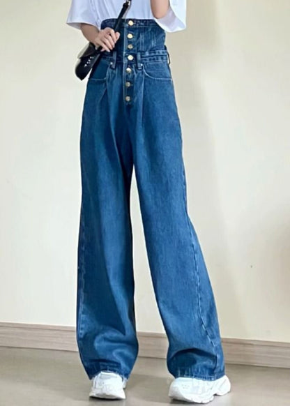 Elena - Vaqueros Rectos Azules de Talle Alto con Bolsillos (Detalle Patchwork)