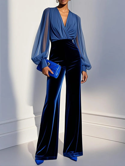Anabel - Jumpsuit de Terciopelo Azul con Malla
