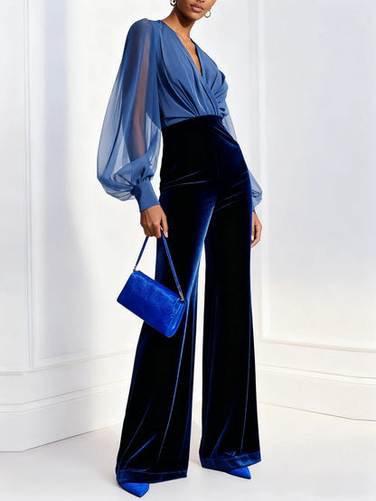 Anabel - Jumpsuit de Terciopelo Azul con Malla