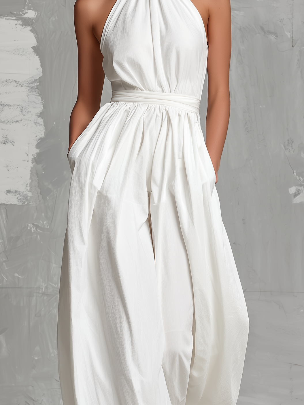 Deria - Mono Elegante sin Mangas con Cuello Halter de Tejido Vaporoso