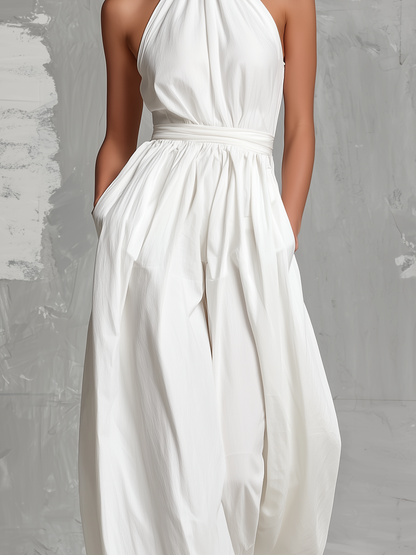 Deria - Mono Elegante sin Mangas con Cuello Halter de Tejido Vaporoso