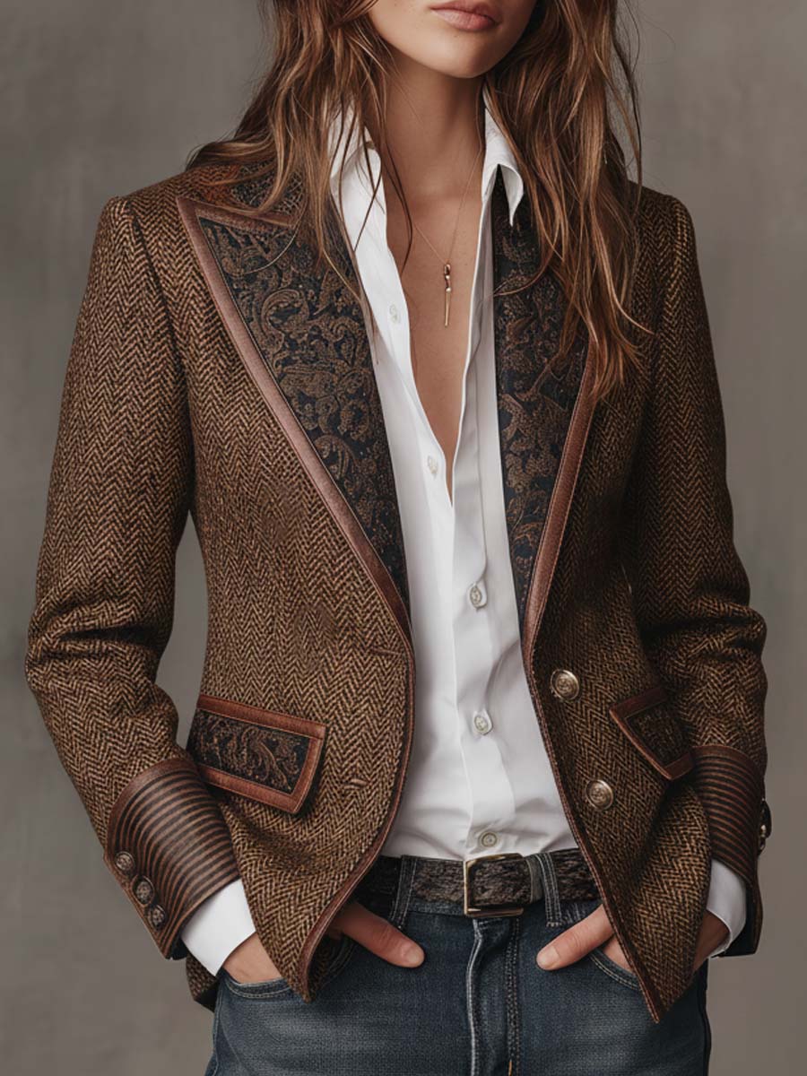 Francisca - Blazer de Espiga con Detalles Estampados a Contraste
