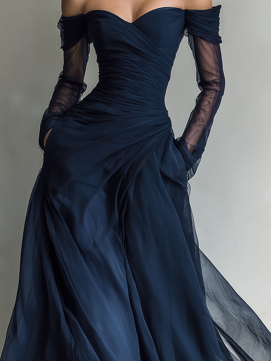 Reyna - Vestido Maxi Entallado de Gasa Off-Shoulder con Manga Larga en Azul Oscuro