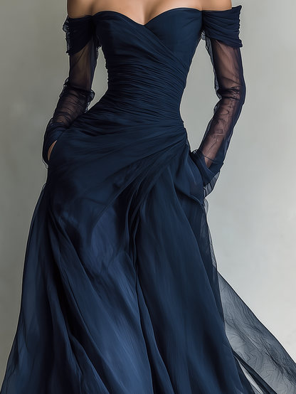 Reyna - Vestido Maxi Entallado de Gasa Off-Shoulder con Manga Larga en Azul Oscuro