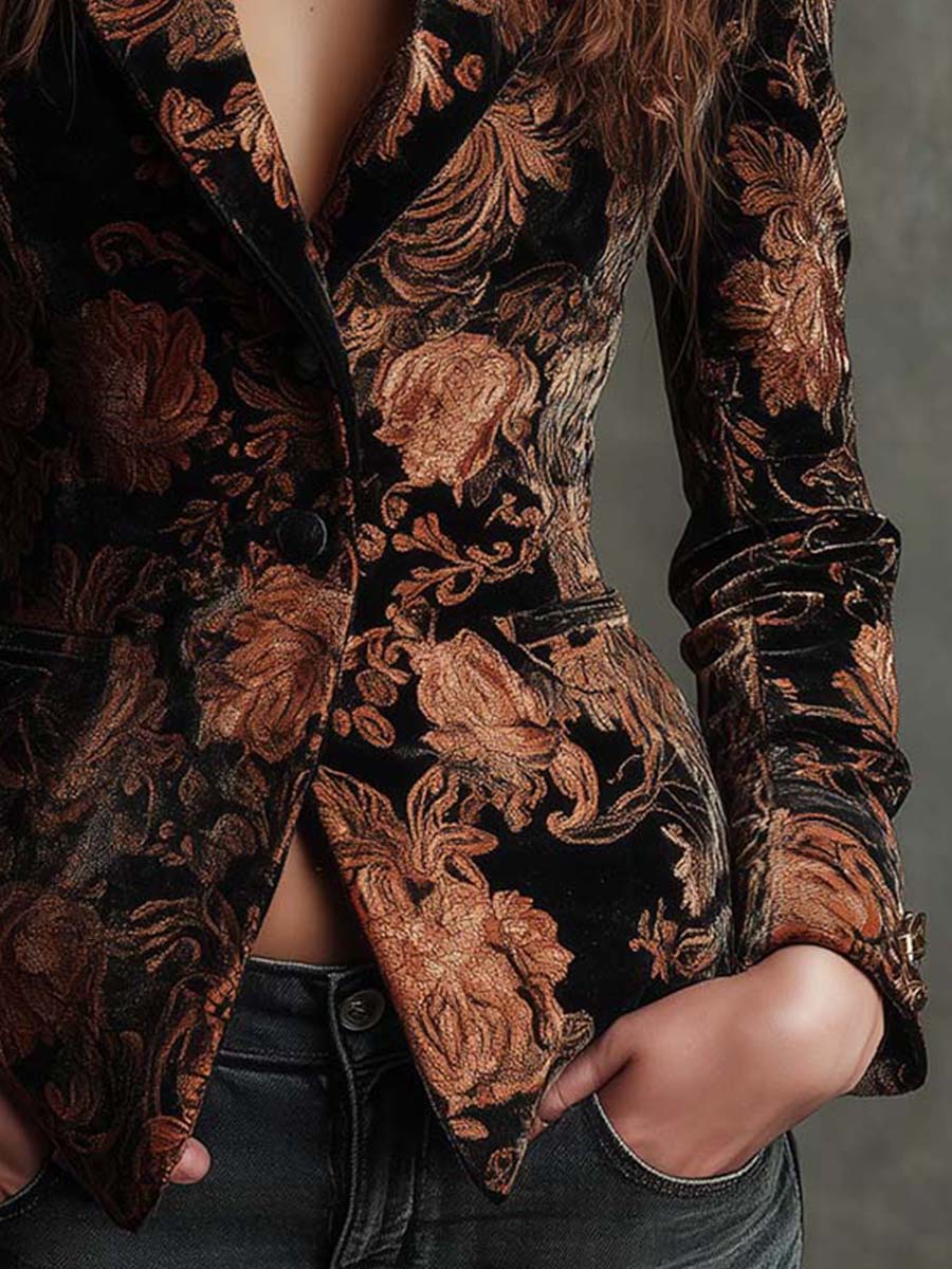 Zahara - Blazer con Estampado Floral Negro y Bronce