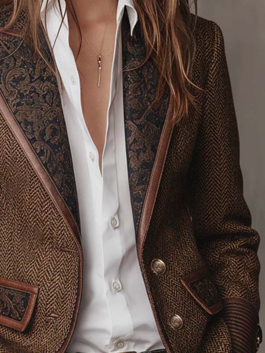 Francisca - Blazer de Espiga con Detalles Estampados a Contraste