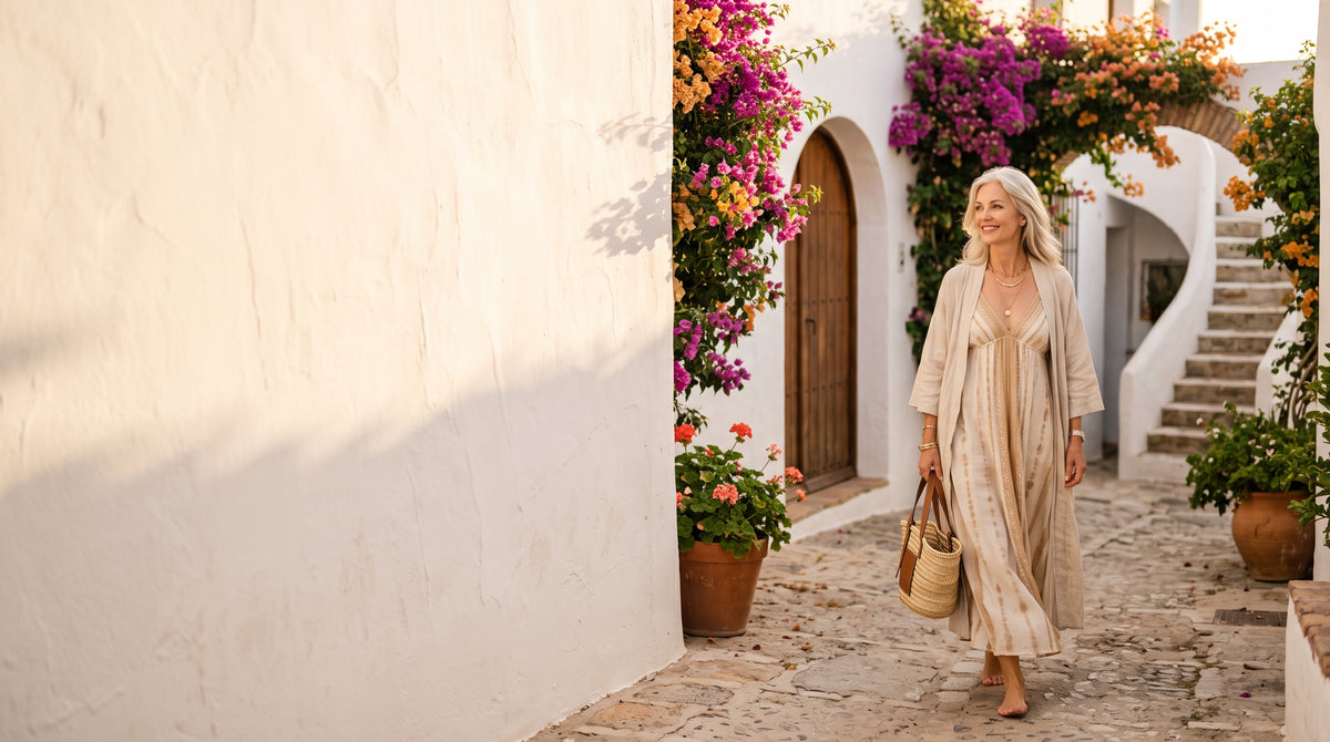 Mujer paseando por una calle blanca andaluza con buganvillas y vestido boho beige