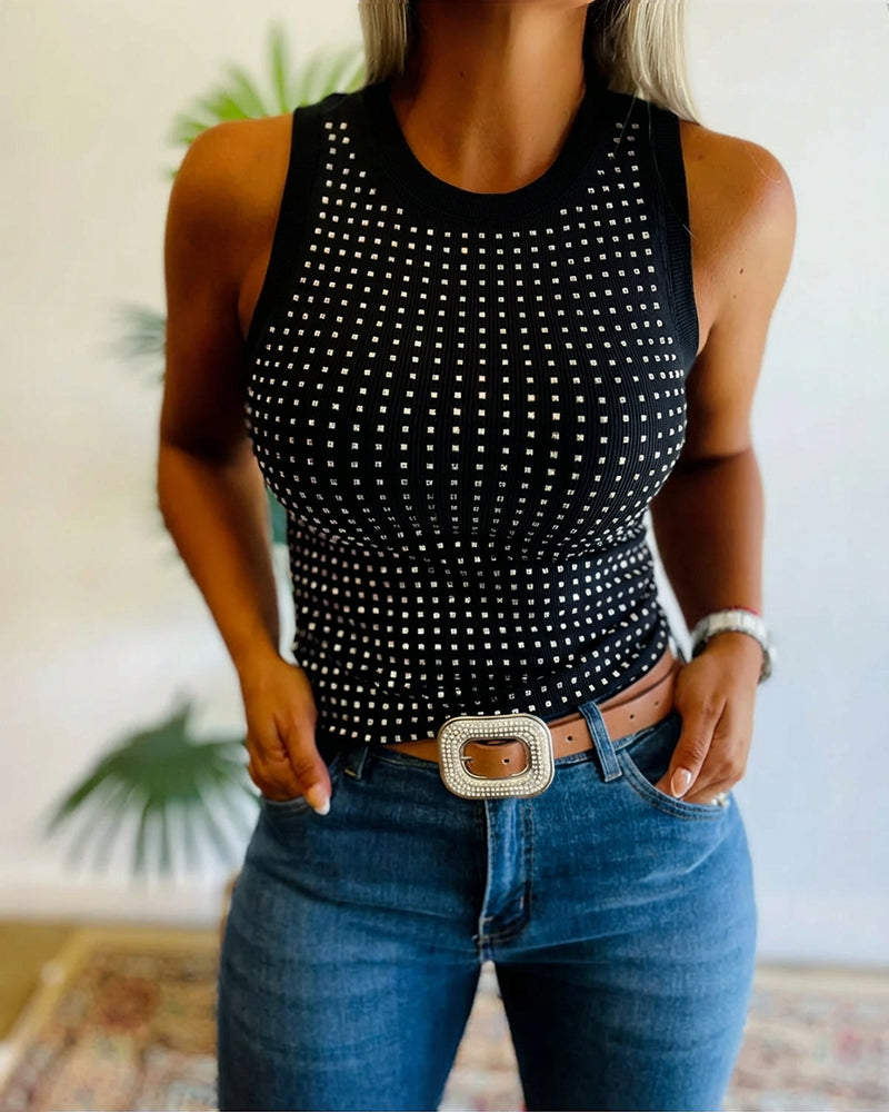 Julia - Top de Punto Acanalado con Decoración de Pedrería y Cuello Redondo