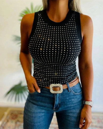 Julia - Top de Punto Acanalado con Decoración de Pedrería y Cuello Redondo