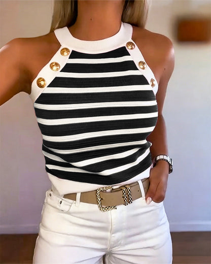 Milagros - Top de Rayas con Escote Halter y Botones Dorados