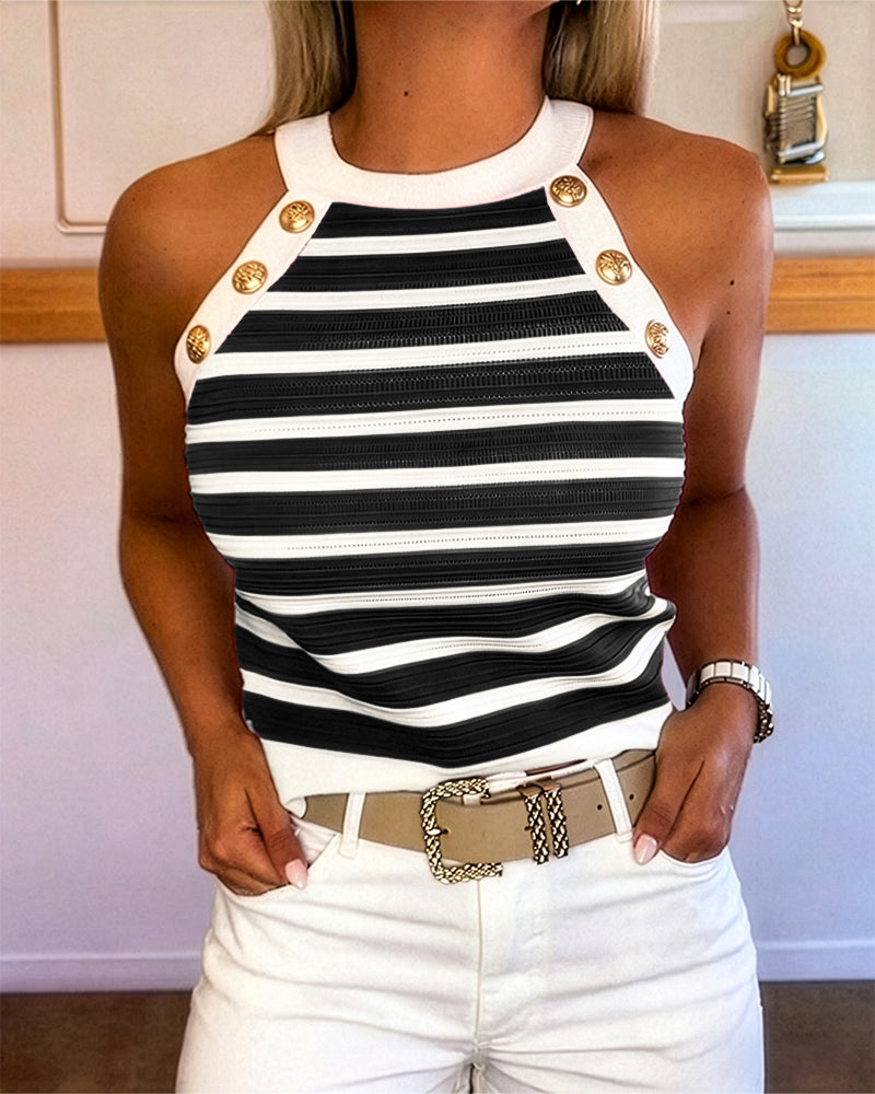 Milagros - Top de Rayas con Escote Halter y Botones Dorados