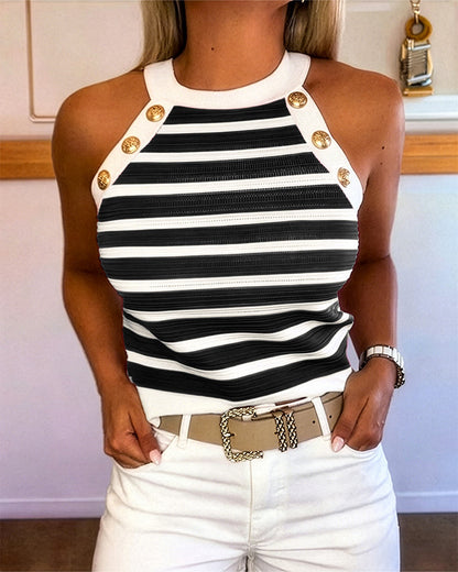 Milagros - Top de Rayas con Escote Halter y Botones Dorados
