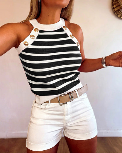 Milagros - Top de Rayas con Escote Halter y Botones Dorados