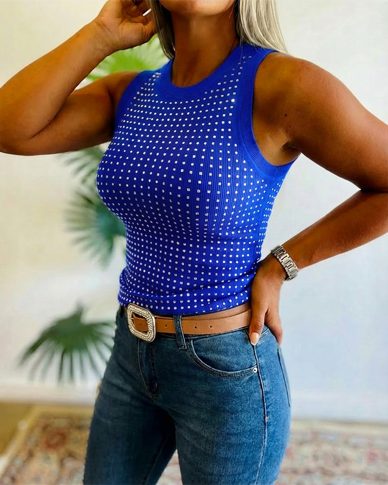 Julia - Top de Punto Acanalado con Decoración de Pedrería y Cuello Redondo