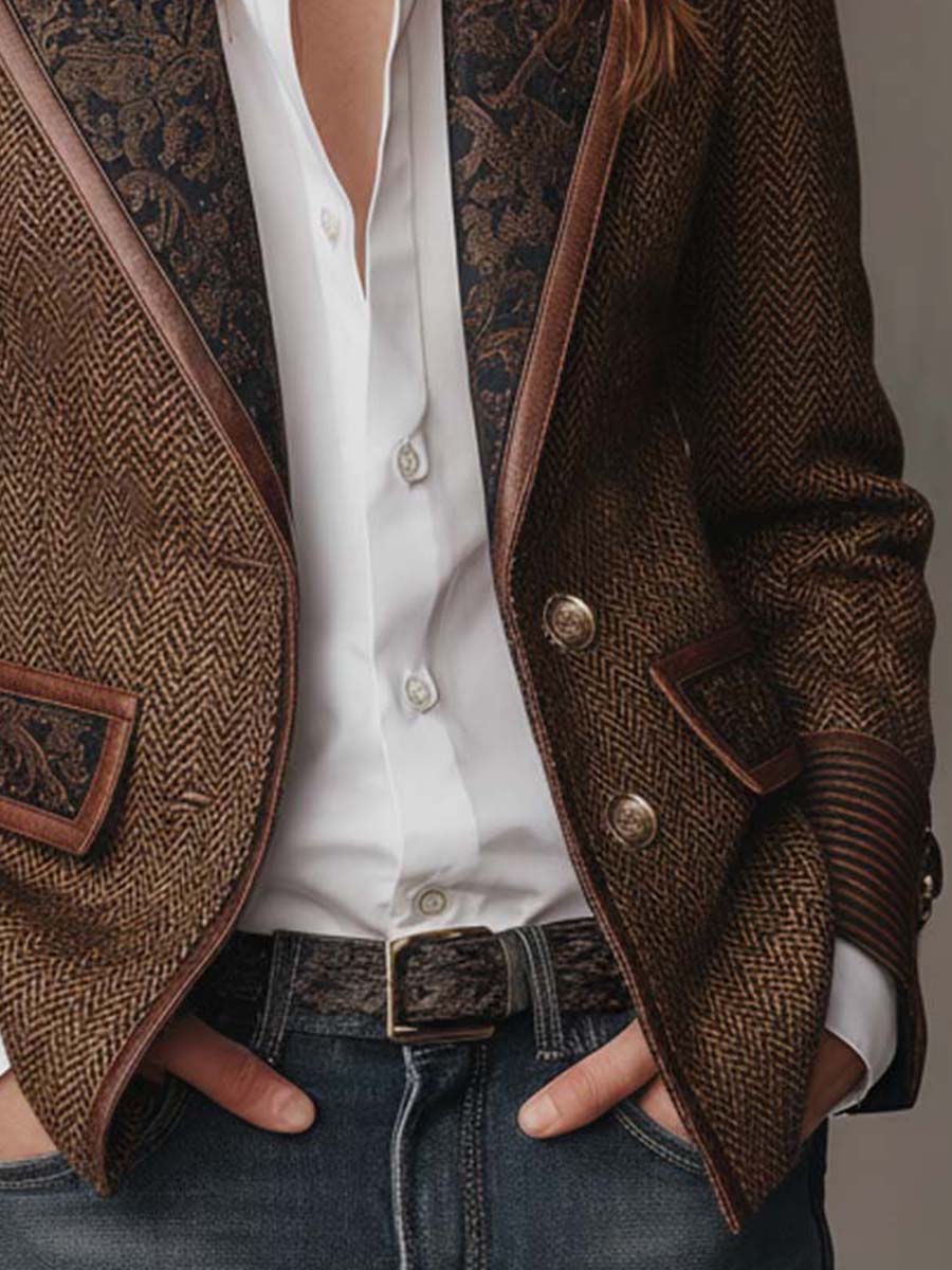 Francisca - Blazer de Espiga con Detalles Estampados a Contraste