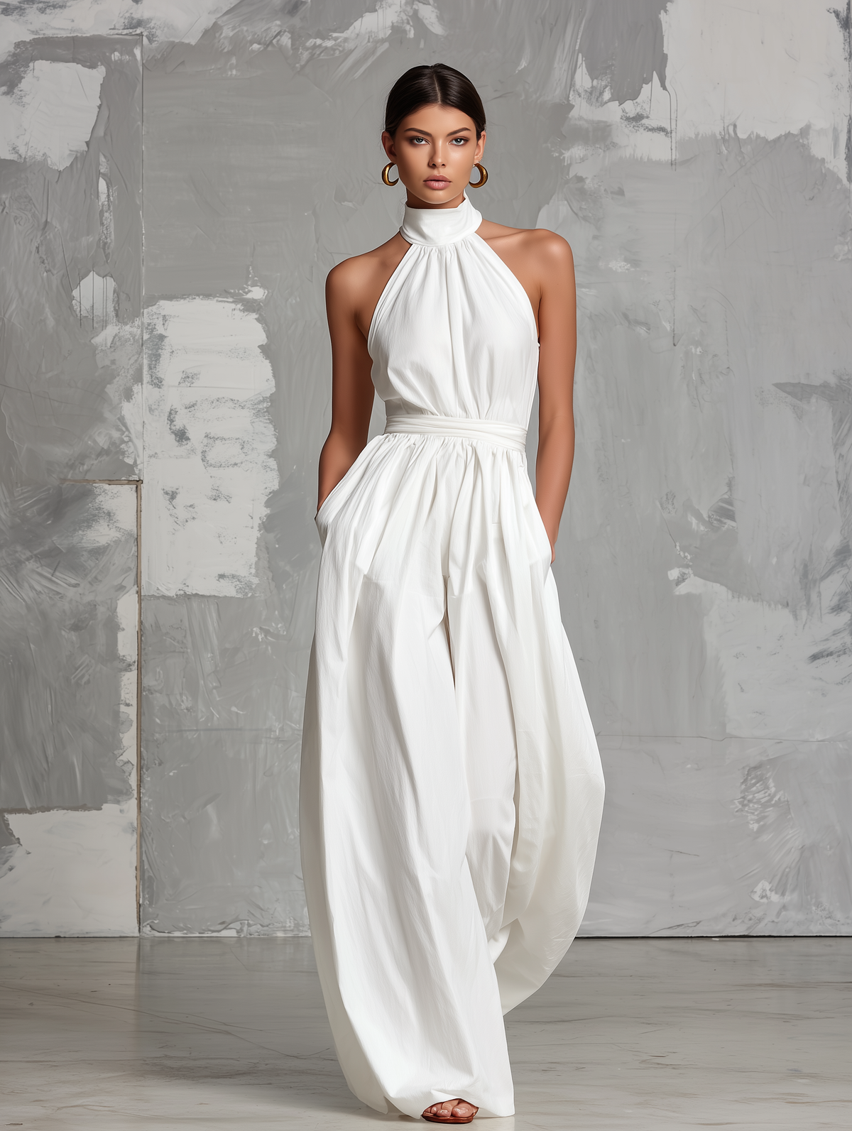 Deria - Mono Elegante sin Mangas con Cuello Halter de Tejido Vaporoso