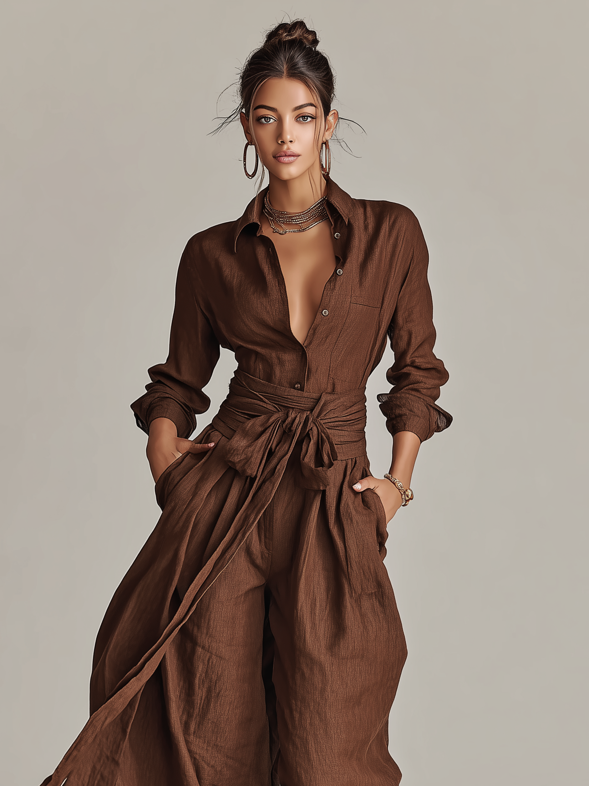 Graciela - Mono de Lino y Algodón con Cuello Camisero y Cinturón