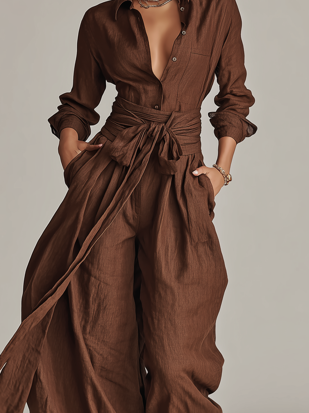 Graciela - Mono de Lino y Algodón con Cuello Camisero y Cinturón
