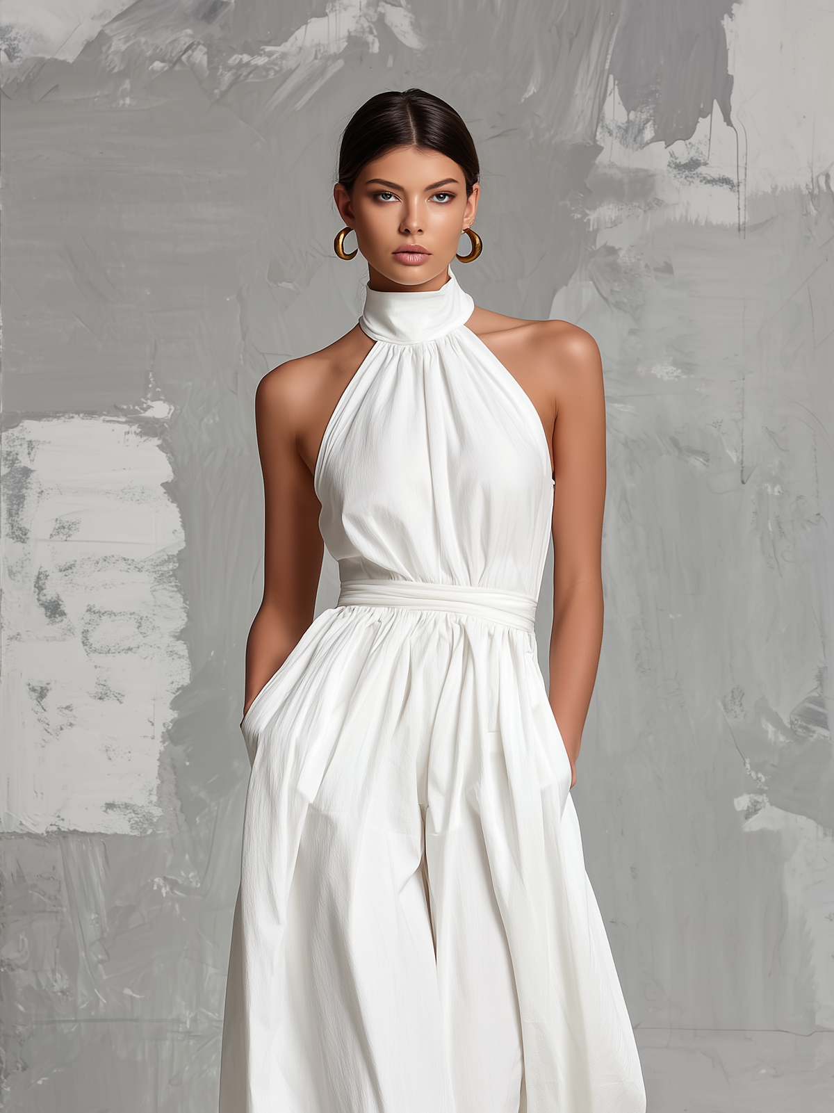 Deria - Mono Elegante sin Mangas con Cuello Halter de Tejido Vaporoso