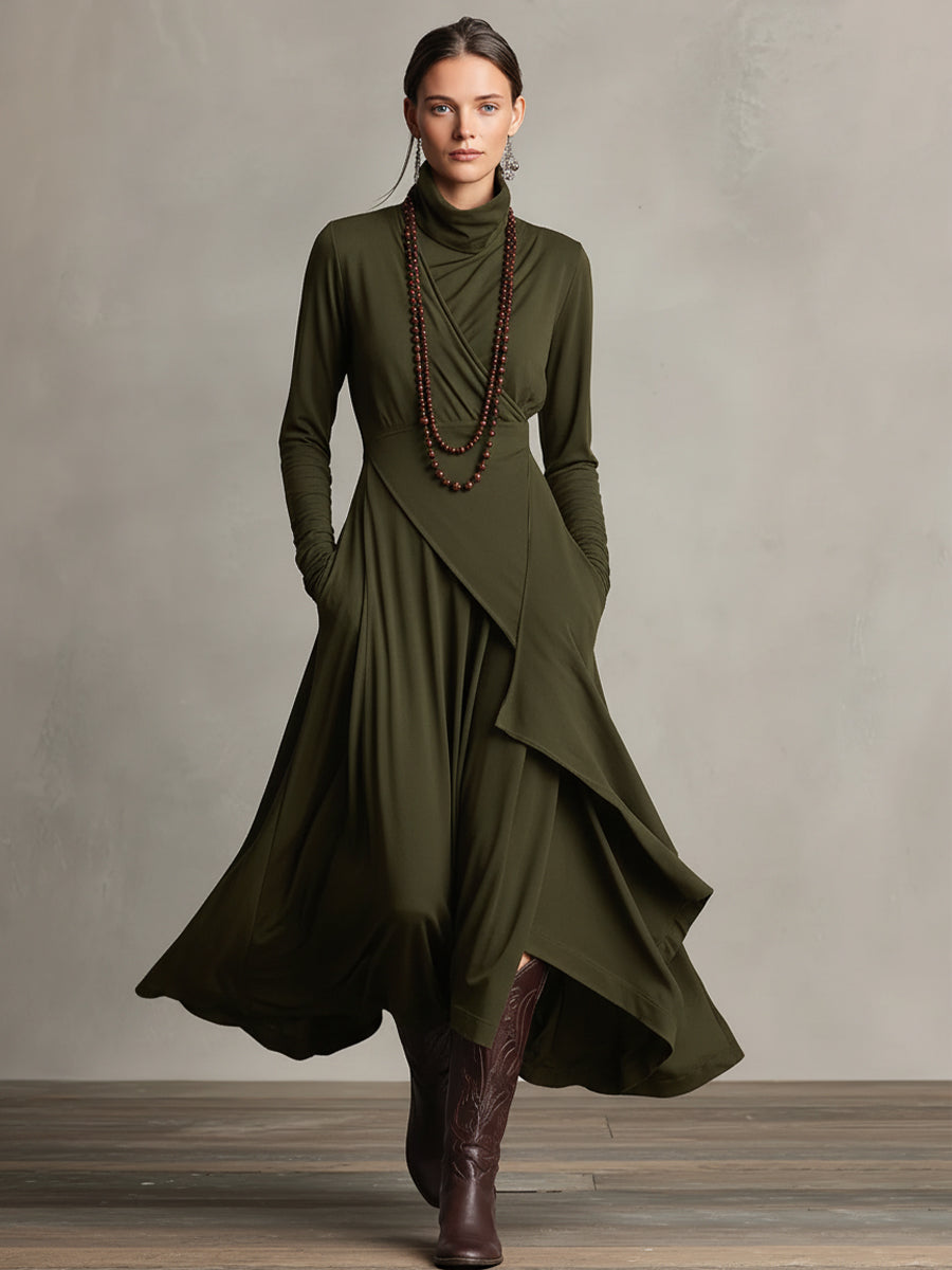 Antonella - Vestido Maxi Bohémio de Cuello Alto con Drapeado Asimétrico