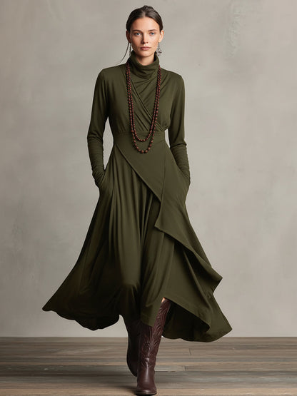 Antonella - Vestido Maxi Bohémio de Cuello Alto con Drapeado Asimétrico