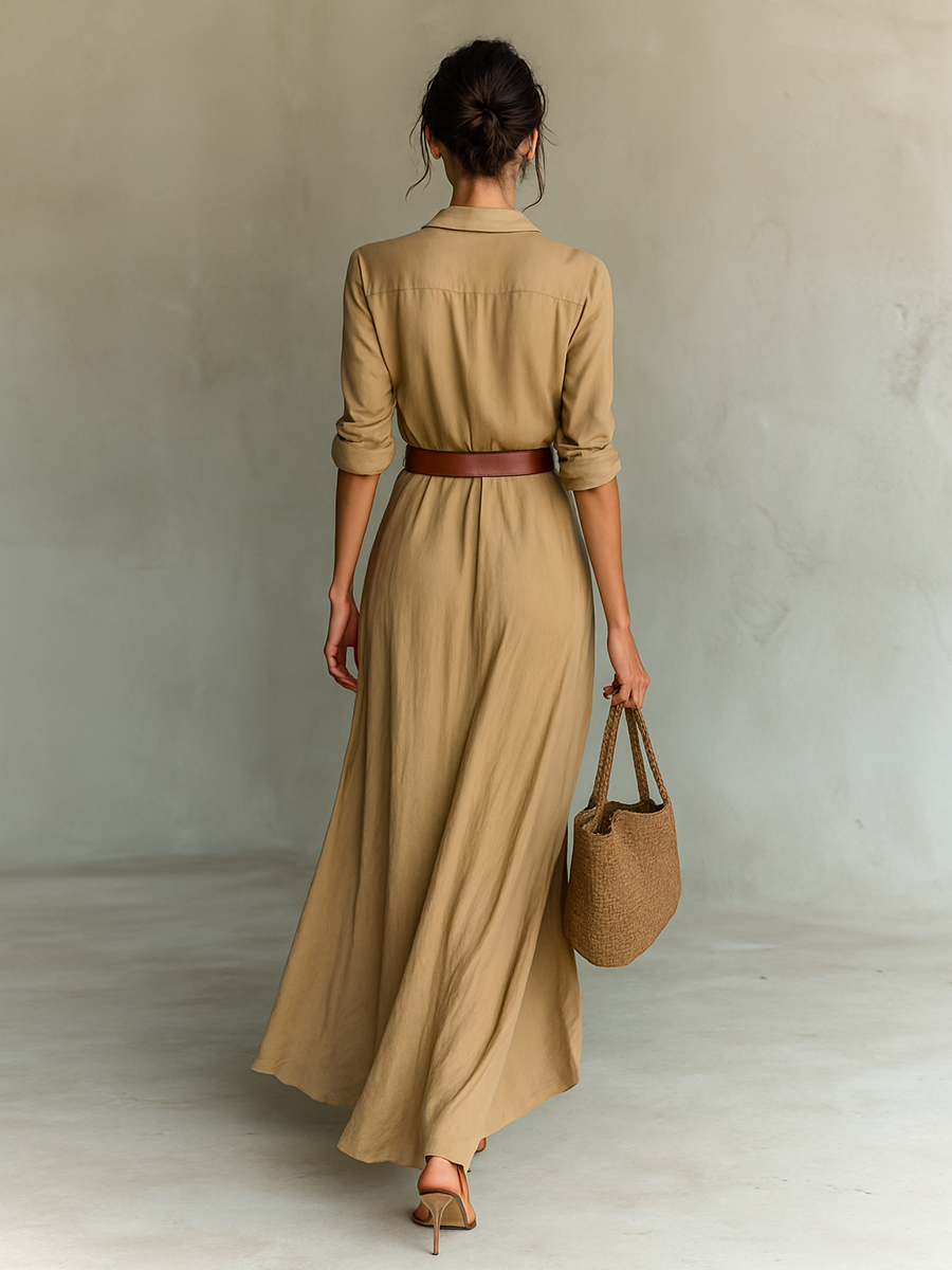 Vega - Vestido Largo de Manga Larga con Solapa y Cinturón