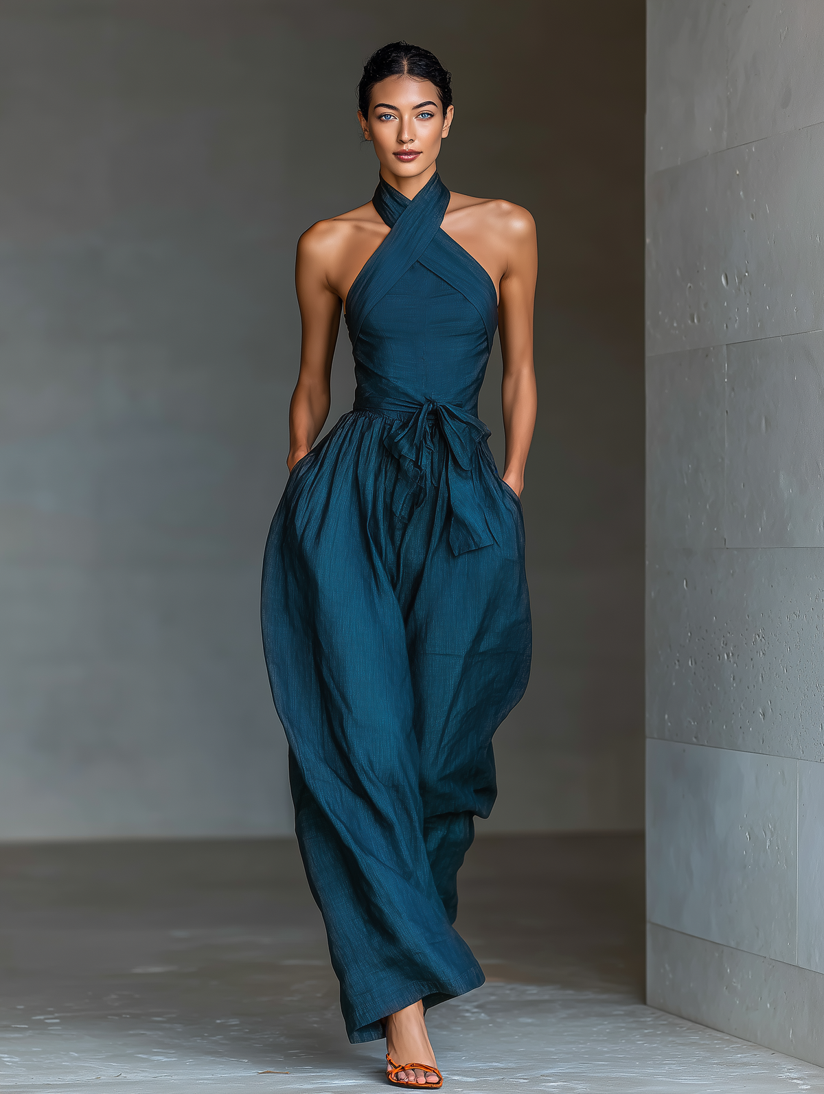 Mia - Mono de Lino Azul Marino con Cuello Halter Cruzado, Pierna Ancha y Nudo en la Cintura