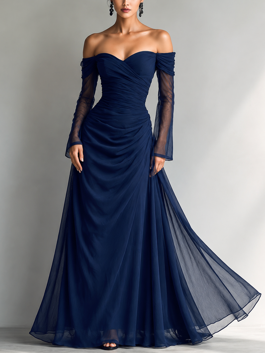 Reyna - Vestido Maxi Entallado de Gasa Off-Shoulder con Manga Larga en Azul Oscuro