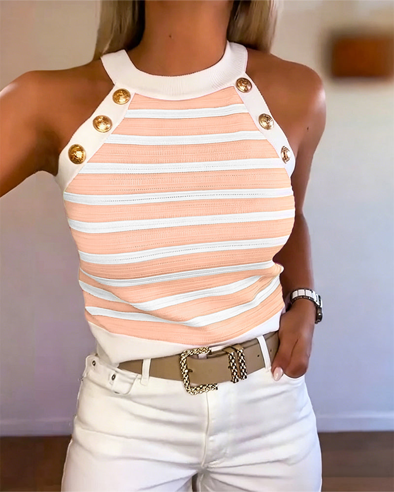 Milagros - Top de Rayas con Escote Halter y Botones Dorados