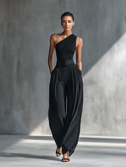 Georgina - Conjunto de Top de Punto Elástico y Pantalón Ancho de Acetato en Negro