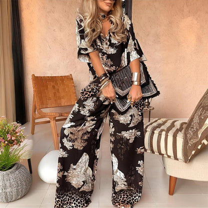 Beatriz - Conjunto Top Estampado Cuello en V + Pantalón Largo