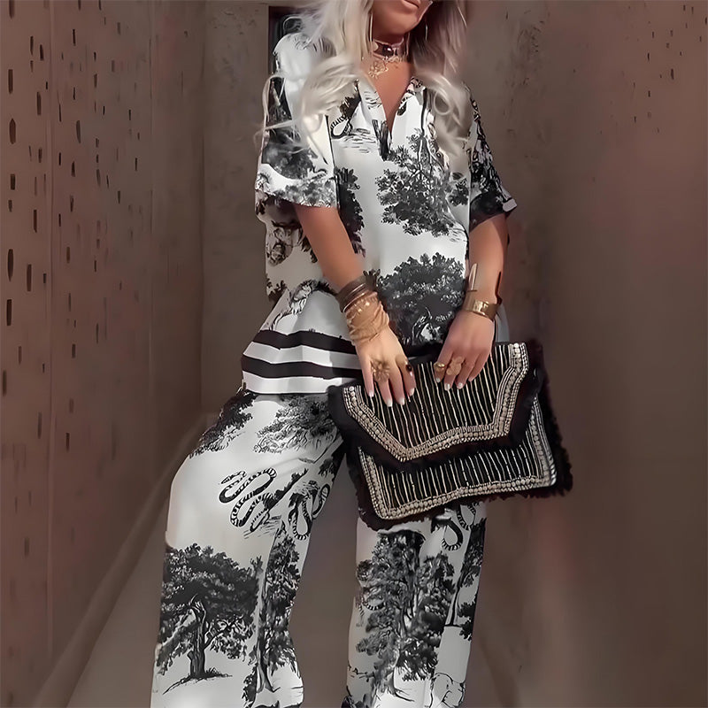 Beatriz - Conjunto Top Estampado Cuello en V + Pantalón Largo