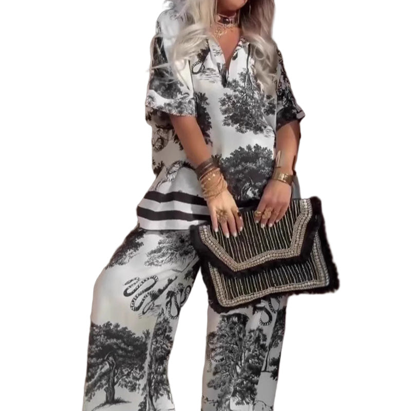Beatriz - Conjunto Top Estampado Cuello en V + Pantalón Largo