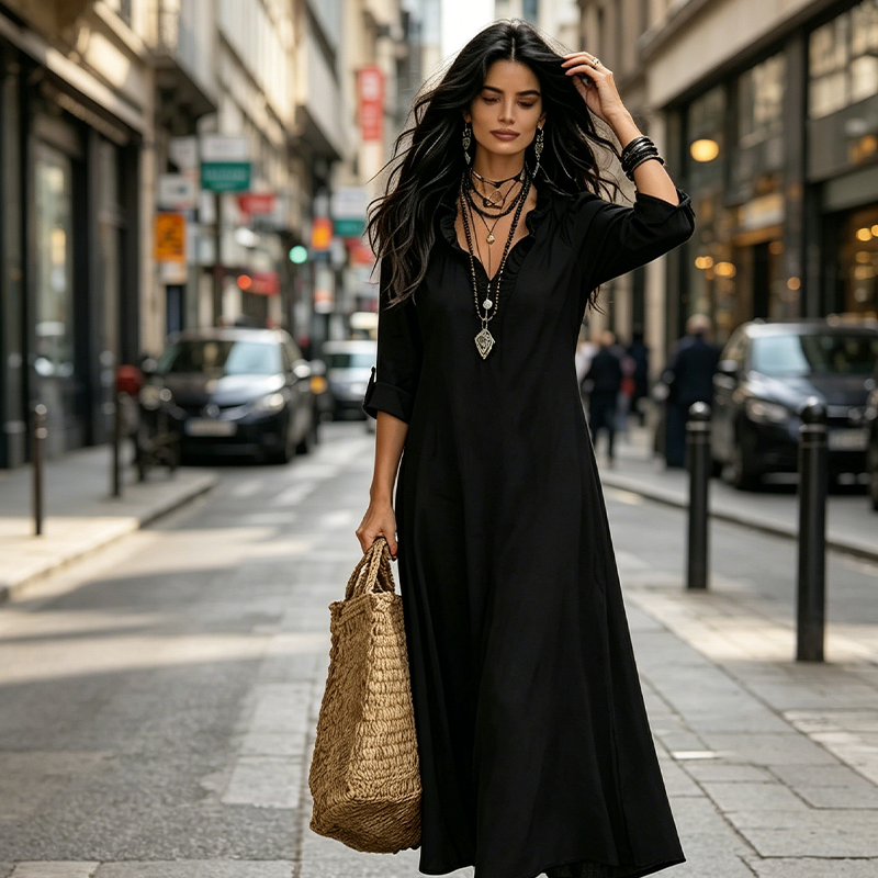 Camila - Vestido Maxi Boho Cuello en V con Volantes
