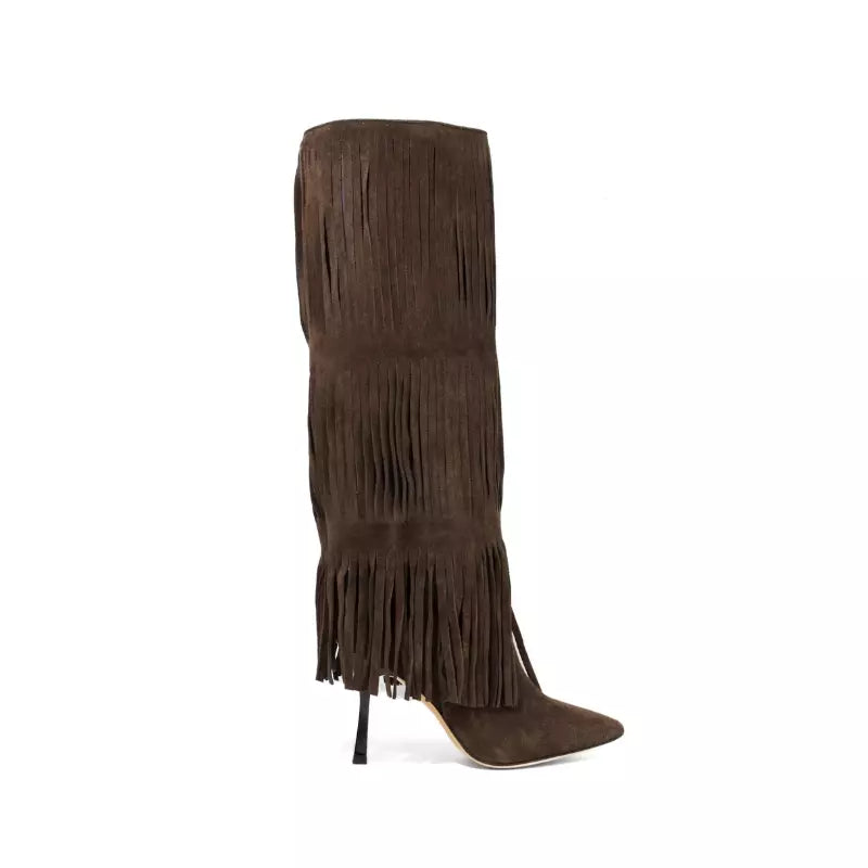 Victoria - Bota Alta con Flecos y Tacón de Aguja en Ante Marrón Oscuro