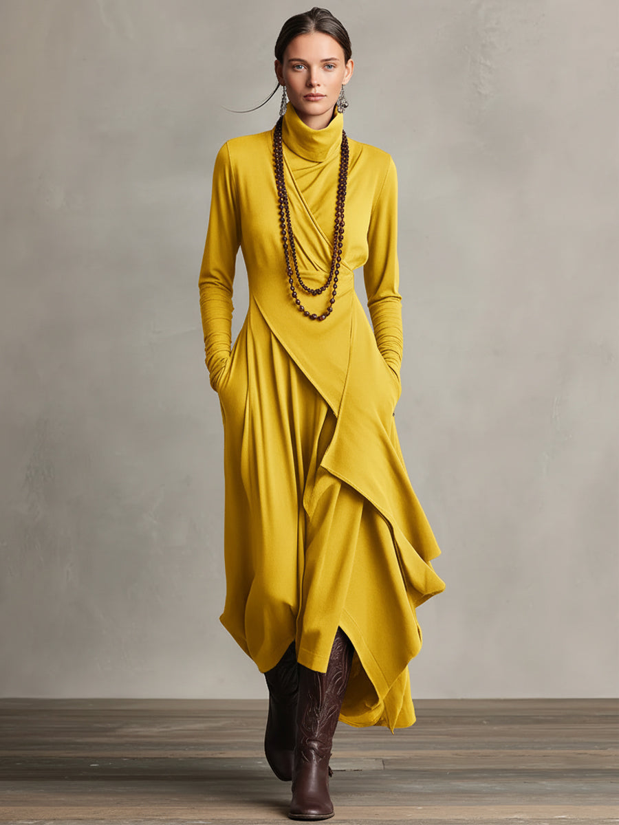 Antonella - Vestido Maxi Bohémio de Cuello Alto con Drapeado Asimétrico