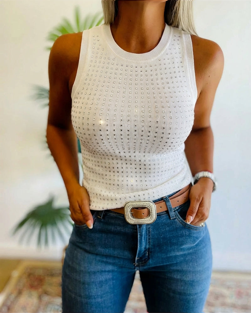 Julia - Top de Punto Acanalado con Decoración de Pedrería y Cuello Redondo