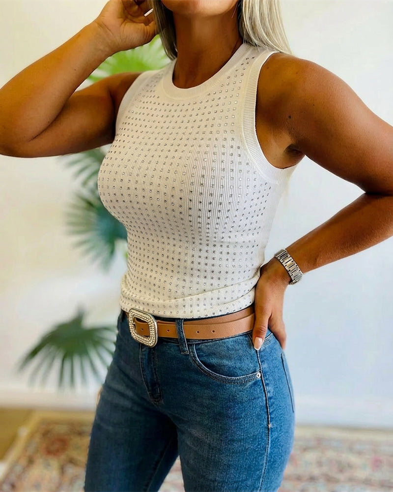 Julia - Top de Punto Acanalado con Decoración de Pedrería y Cuello Redondo