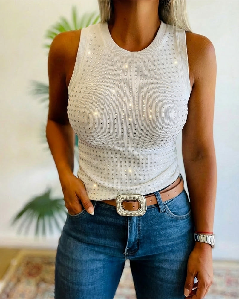 Julia - Top de Punto Acanalado con Decoración de Pedrería y Cuello Redondo