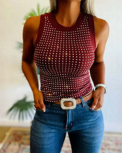 Julia - Top de Punto Acanalado con Decoración de Pedrería y Cuello Redondo