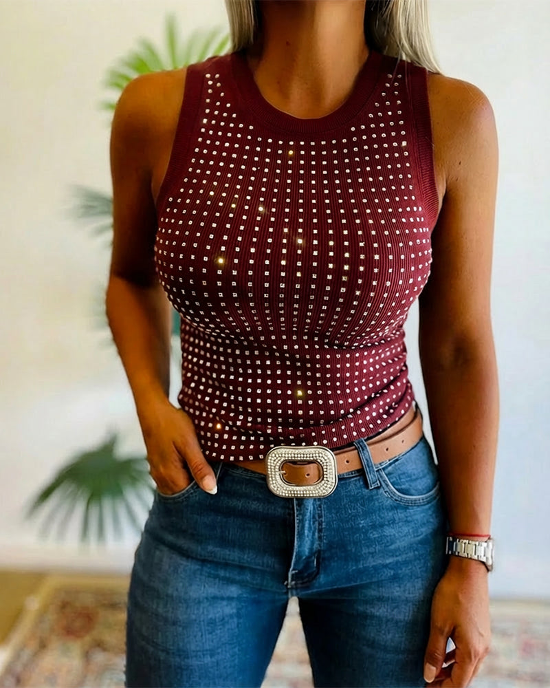 Julia - Top de Punto Acanalado con Decoración de Pedrería y Cuello Redondo